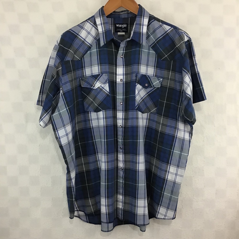 Wrangler Western Shirt Mens XXL‎ Blue Plaid Pearl Snap Short Sleeve X-Long Tails